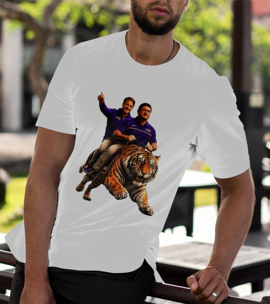 Bayou Brothers Tiger Riding LSU Coach Ed Orgeron Vs Kim Mulkey T-Shirt