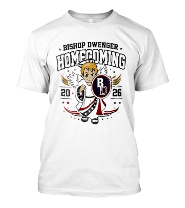 Bishop Dwenger Homecoming 2026 Cartoon Angel Holding Shield Stars 2023 T-Shirt