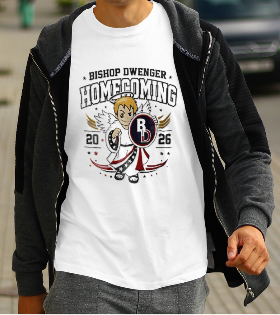 Bishop Dwenger Homecoming 2026 Cartoon Angel Holding Shield Stars 2023 T-Shirt
