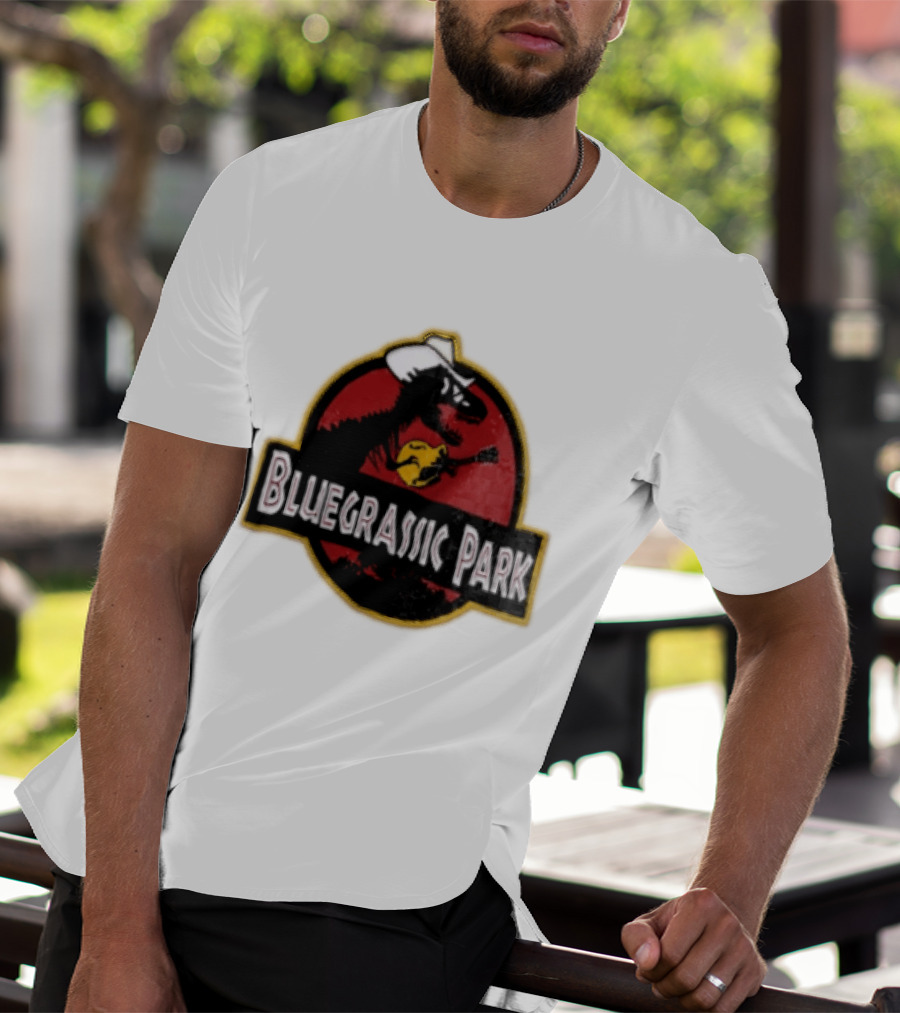 Bluegrassic Park Dinosaur Playing Mandolin Cowboy Hat Jurassic T-Shirt