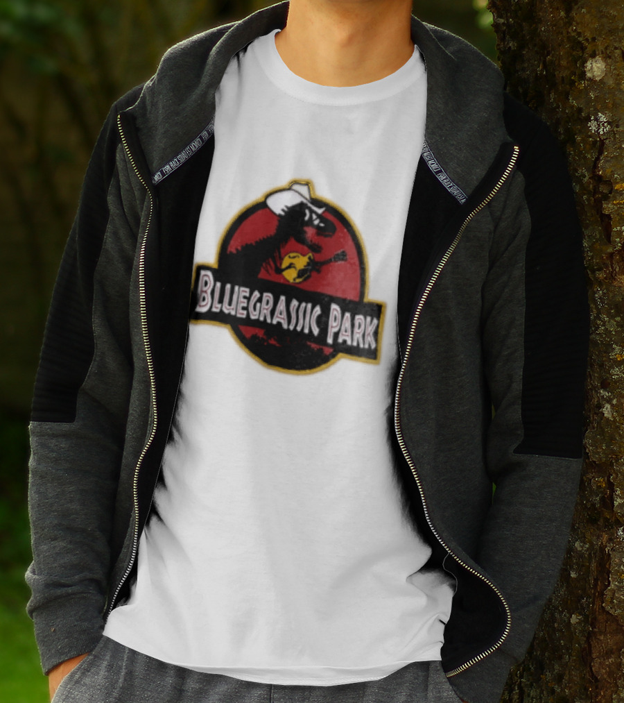 Bluegrassic Park Dinosaur Playing Mandolin Cowboy Hat Jurassic T-Shirt