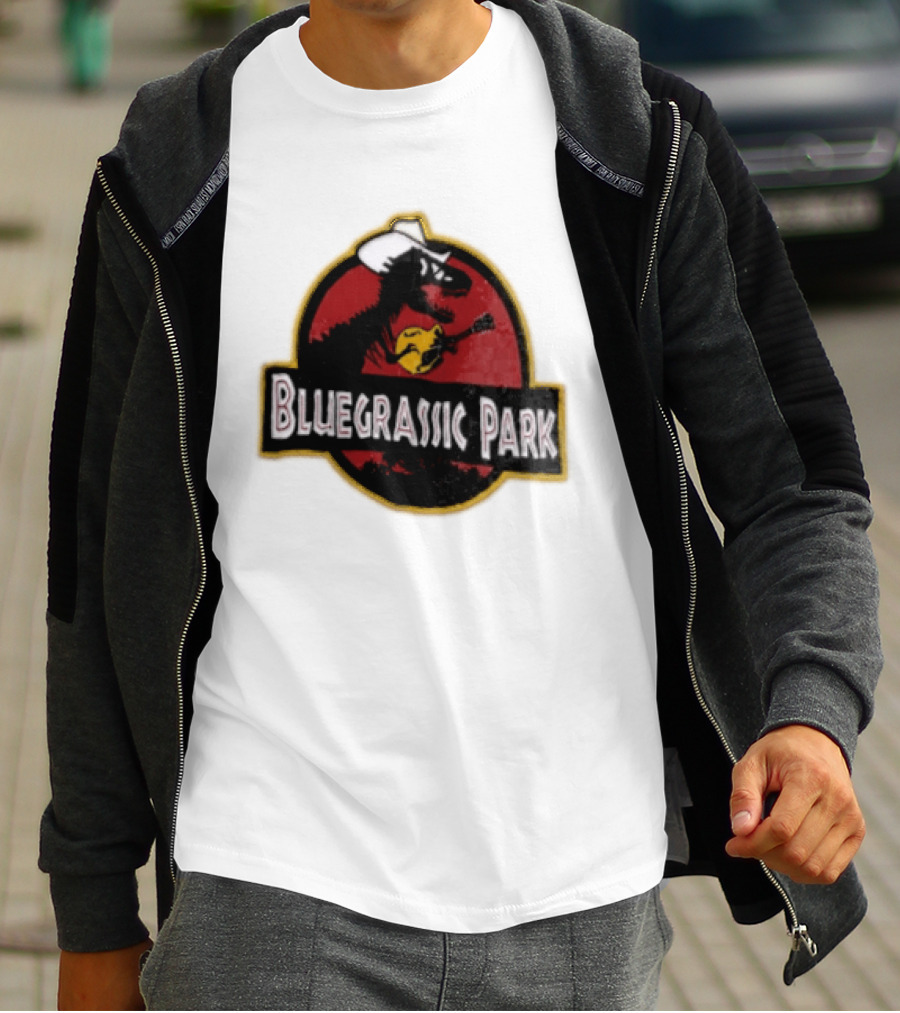 Bluegrassic Park Dinosaur Playing Mandolin Cowboy Hat Jurassic T-Shirt