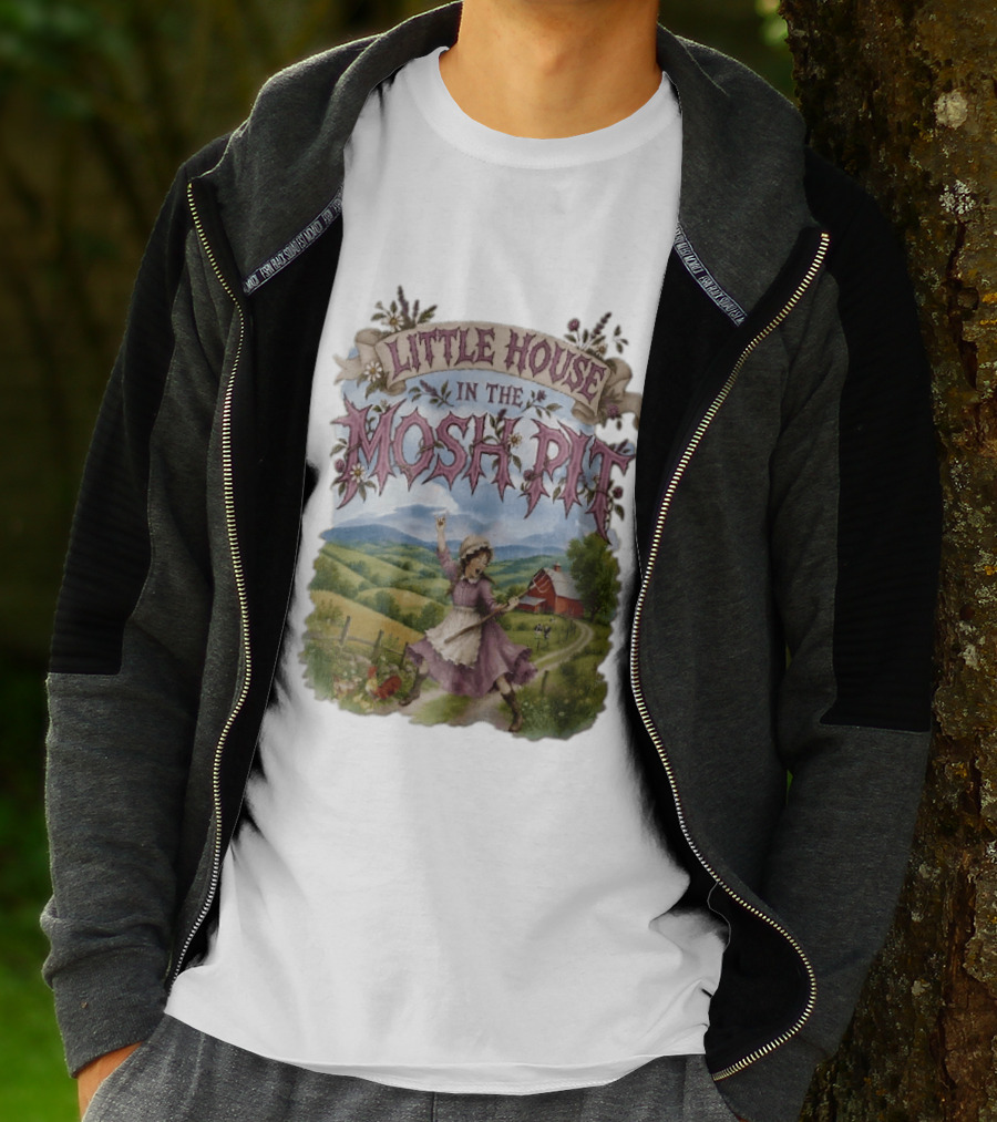 Little House In The Mosh Pit Pioneer Girl Screaming Pitchfork Red Barn Farm Country Scene T-Shirt