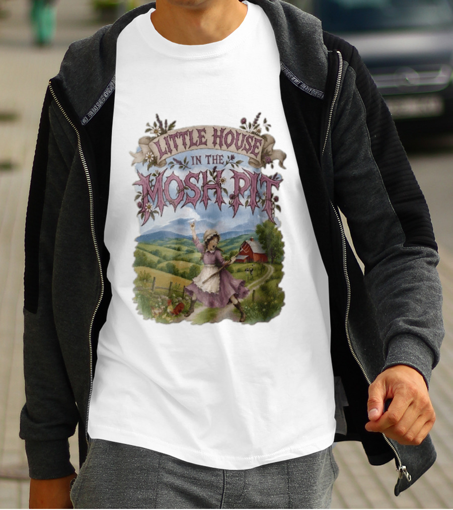 Little House In The Mosh Pit Pioneer Girl Screaming Pitchfork Red Barn Farm Country Scene T-Shirt
