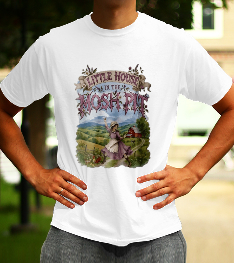 Little House In The Mosh Pit Pioneer Girl Screaming Pitchfork Red Barn Farm Country Scene T-Shirt