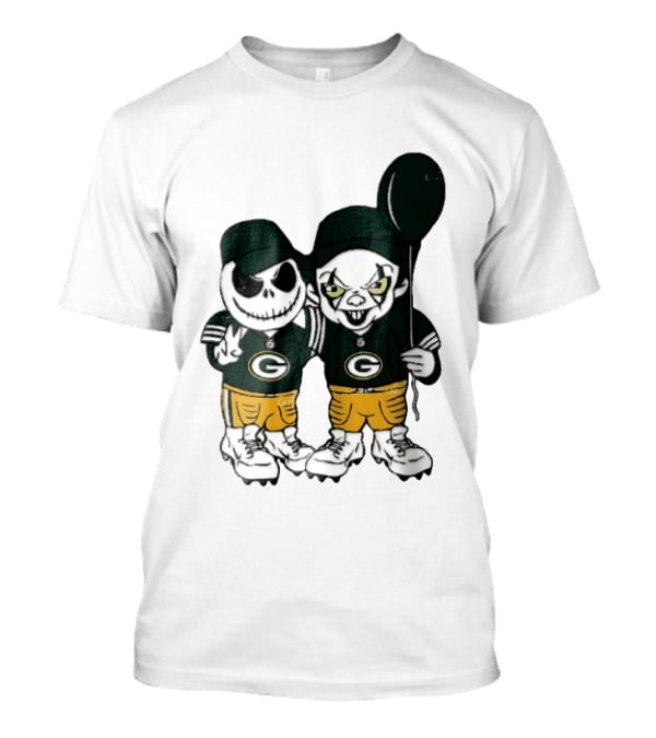 Green Bay Packers Jack Skellington Clown Balloon Cartoon Caricature Duo T-Shirt