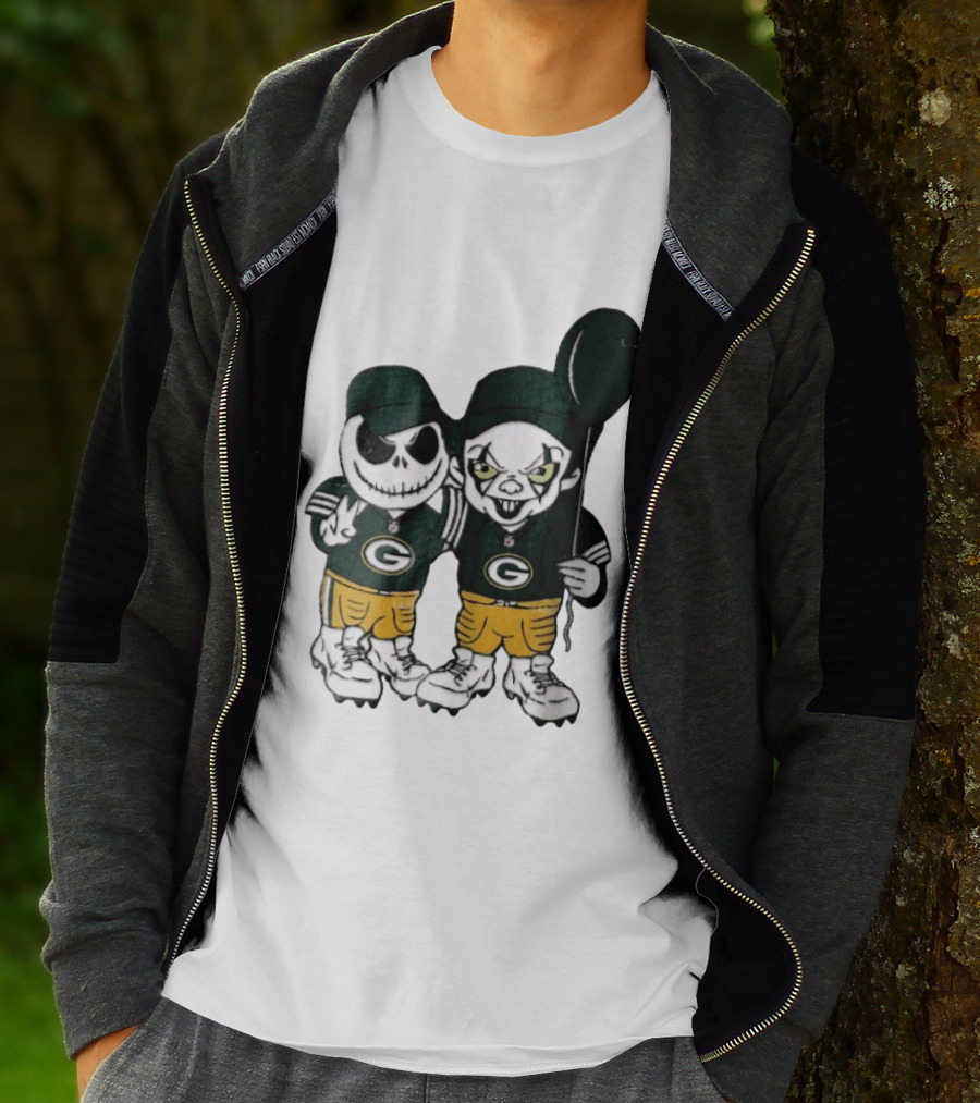 Green Bay Packers Jack Skellington Clown Balloon Cartoon Caricature Duo T-Shirt