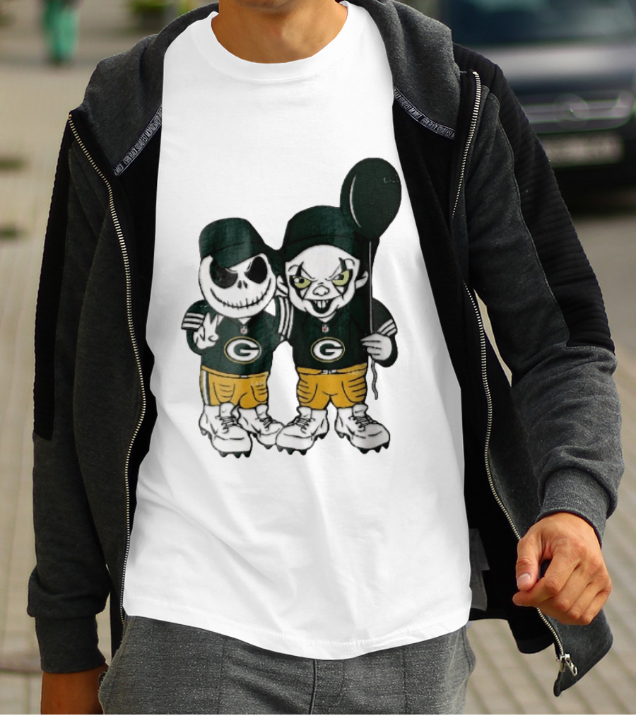 Green Bay Packers Jack Skellington Clown Balloon Cartoon Caricature Duo T-Shirt