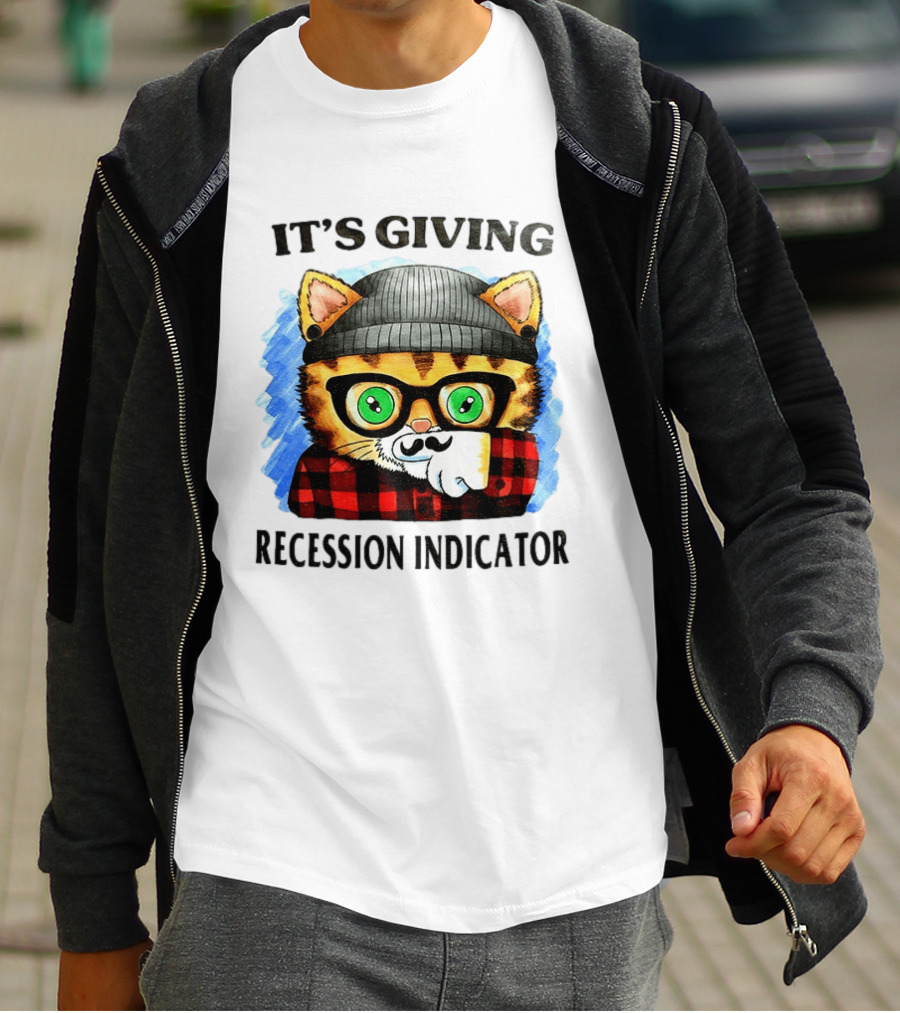 Hipster Cat Glasses Beanie Flannel It's Giving Recession Indicator T-Shirt