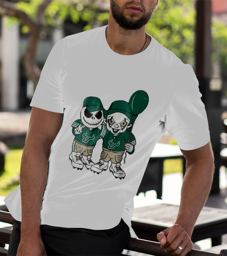 South Florida Bulls Skeleton And Evil Clown With Balloon NCAA Cartoon T-Shirt