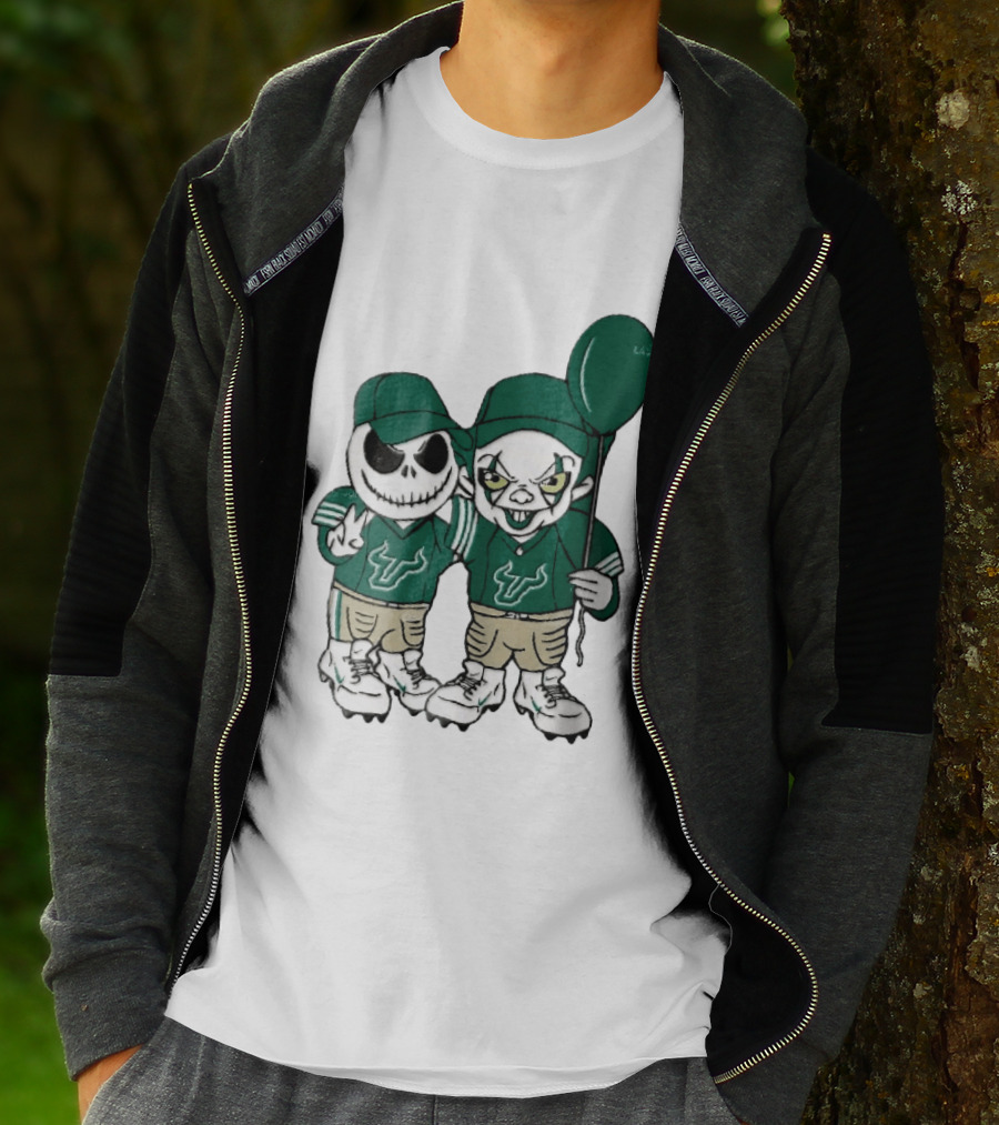 South Florida Bulls Skeleton And Evil Clown With Balloon NCAA Cartoon T-Shirt