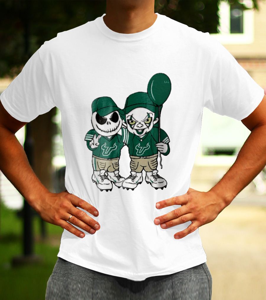 South Florida Bulls Skeleton And Evil Clown With Balloon NCAA Cartoon T-Shirt
