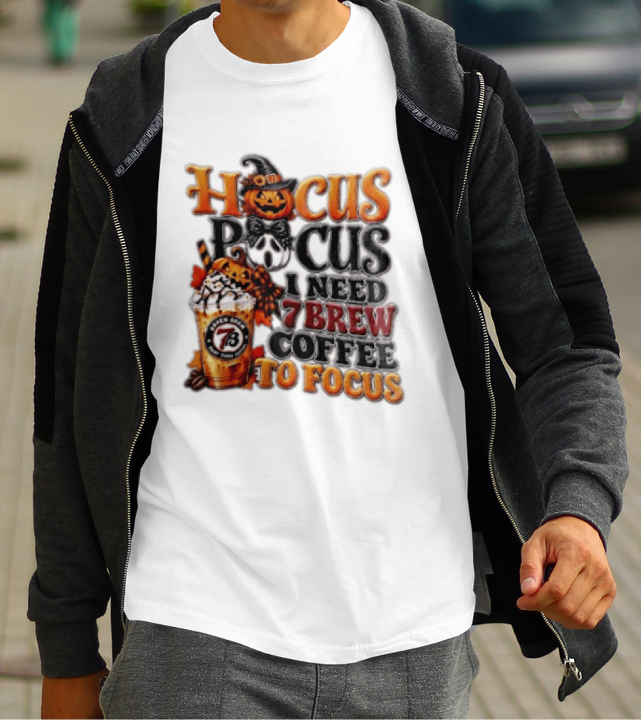 Hocus Pocus I Need 7 Brew Coffee To Focus Halloween Pumpkin Jack O' Lantern Drink T-Shirt
