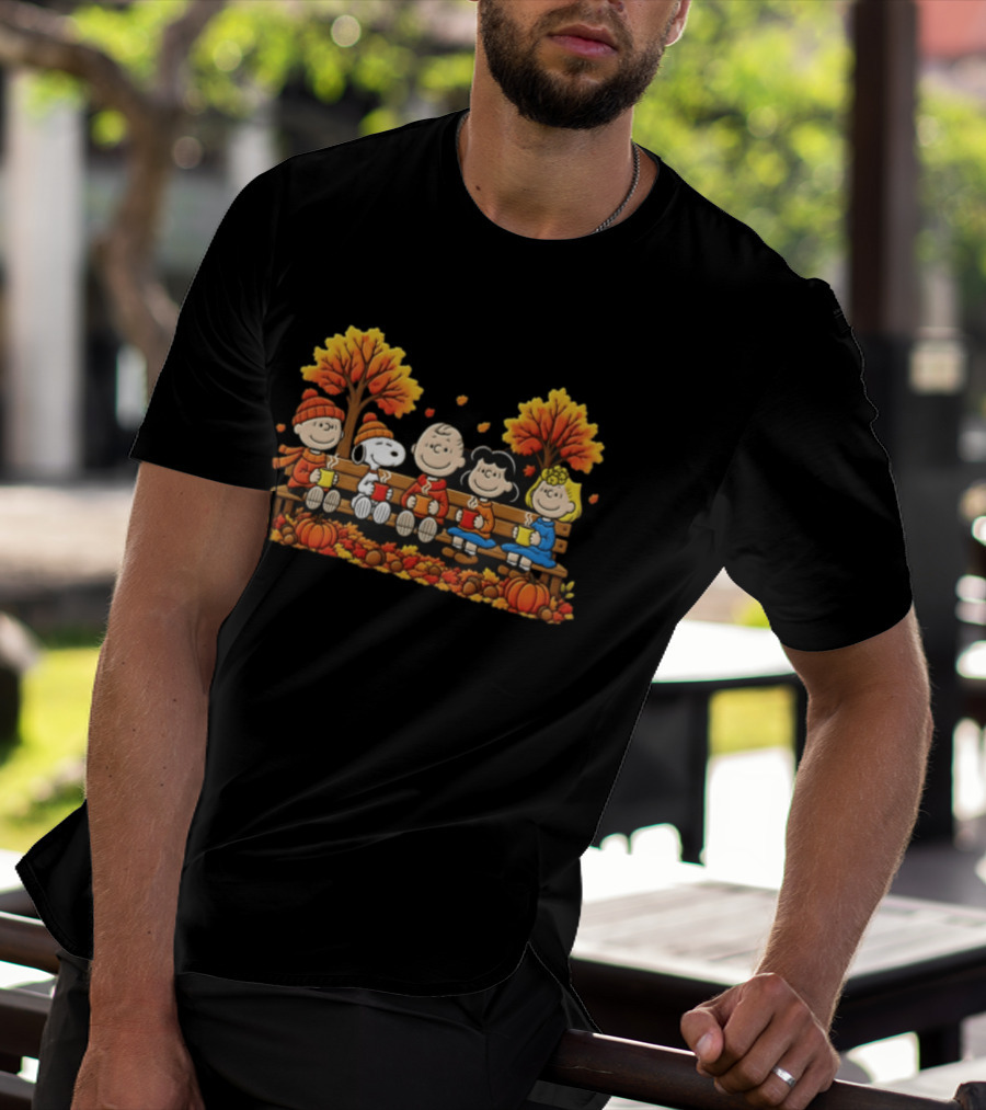 Peanuts Autumn Harvest Scene On Bench With Pumpkins And Falling Leaves T-Shirt