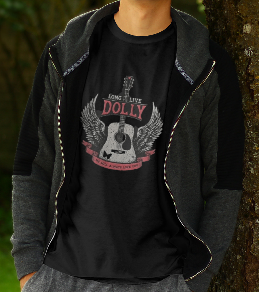 Long Live Dolly Distressed Winged Acoustic Guitar Butterfly Red Banner We Will Always Love You T-Shirt