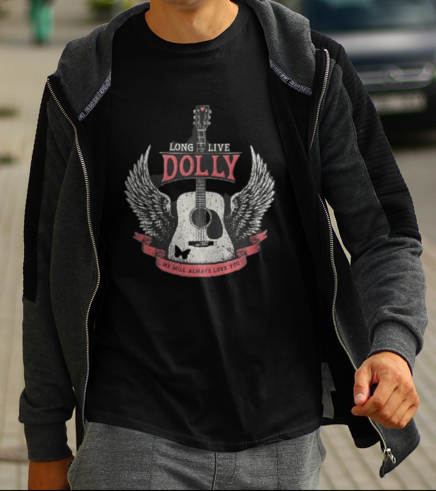 Long Live Dolly Distressed Winged Acoustic Guitar Butterfly Red Banner We Will Always Love You T-Shirt