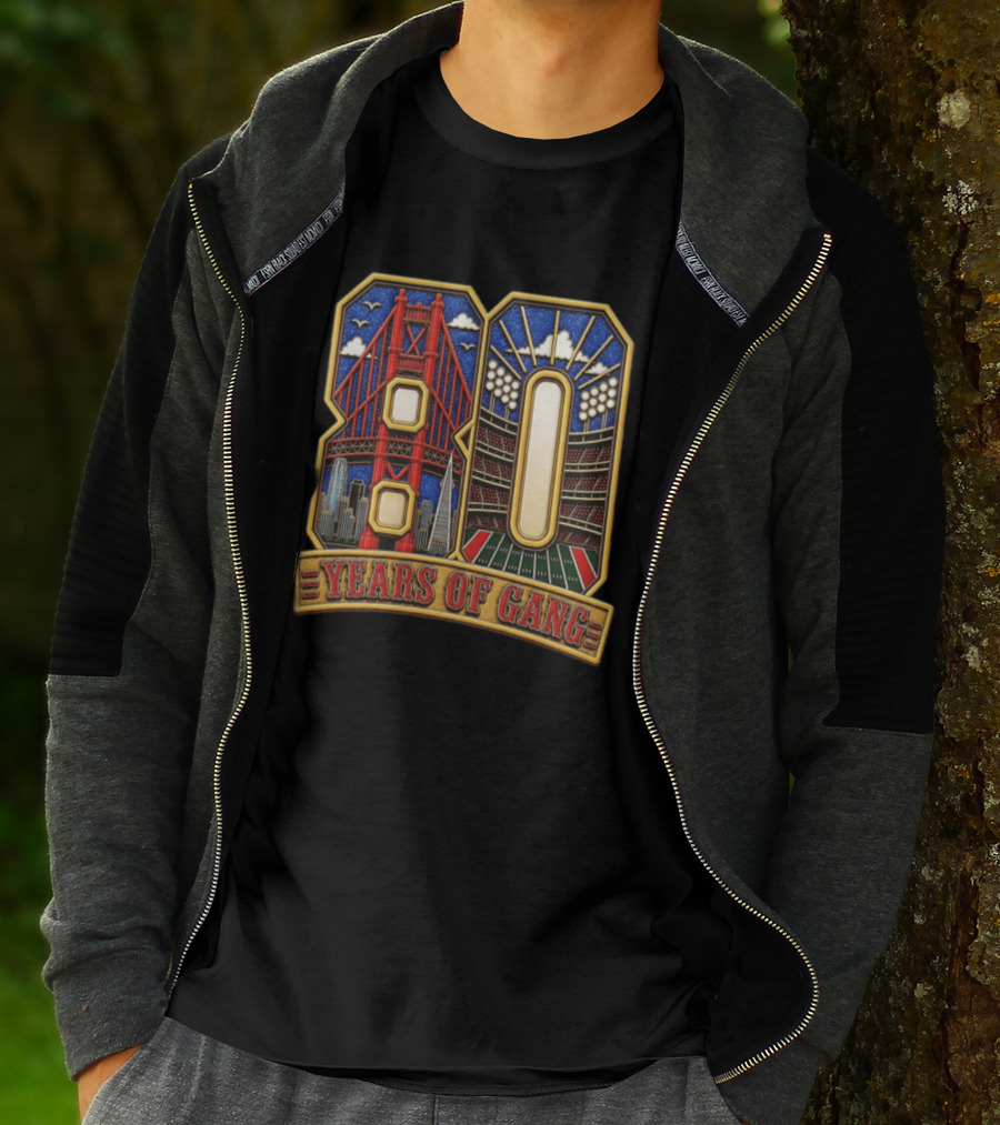 San Francisco 49ers 80 Years Of Gang Bridge And Stadium Celebration T-Shirt
