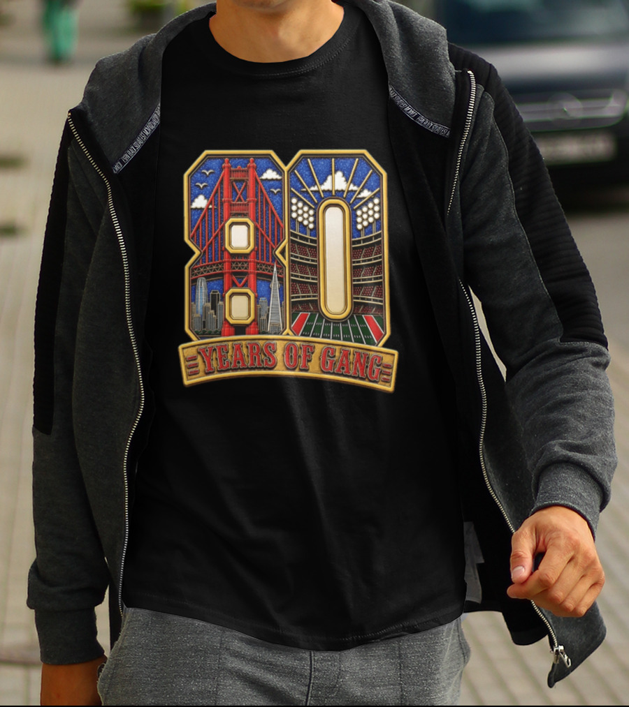 San Francisco 49ers 80 Years Of Gang Bridge And Stadium Celebration T-Shirt
