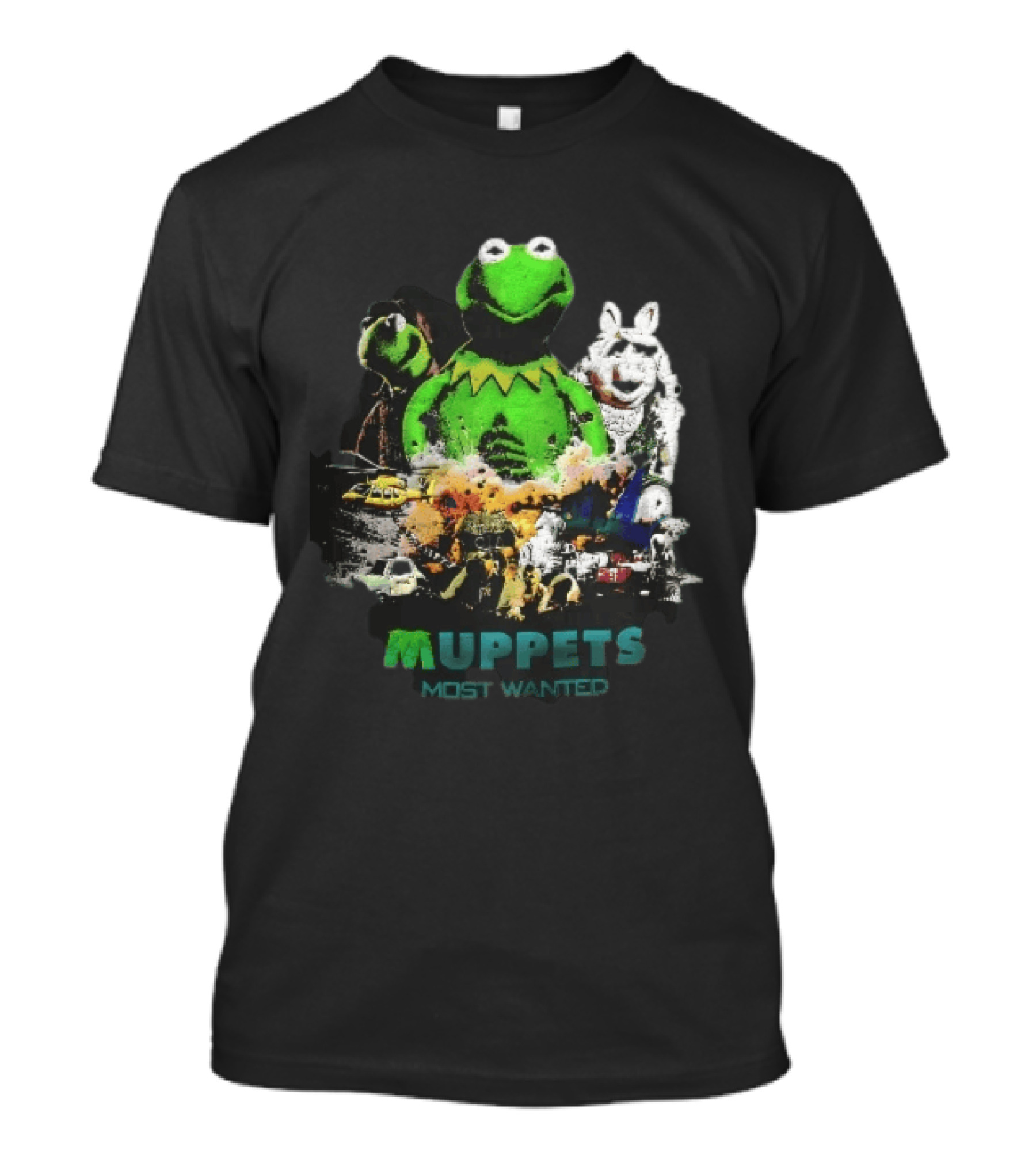 Muppets Most Wanted Kermit Frog Miss Piggy Explosion Helicopter Collage T-Shirt