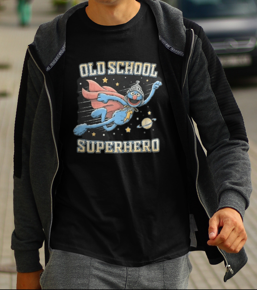 Old School Superhero Distressed Cartoon Super Grover Flying Outer Space Stars Planet T-Shirt
