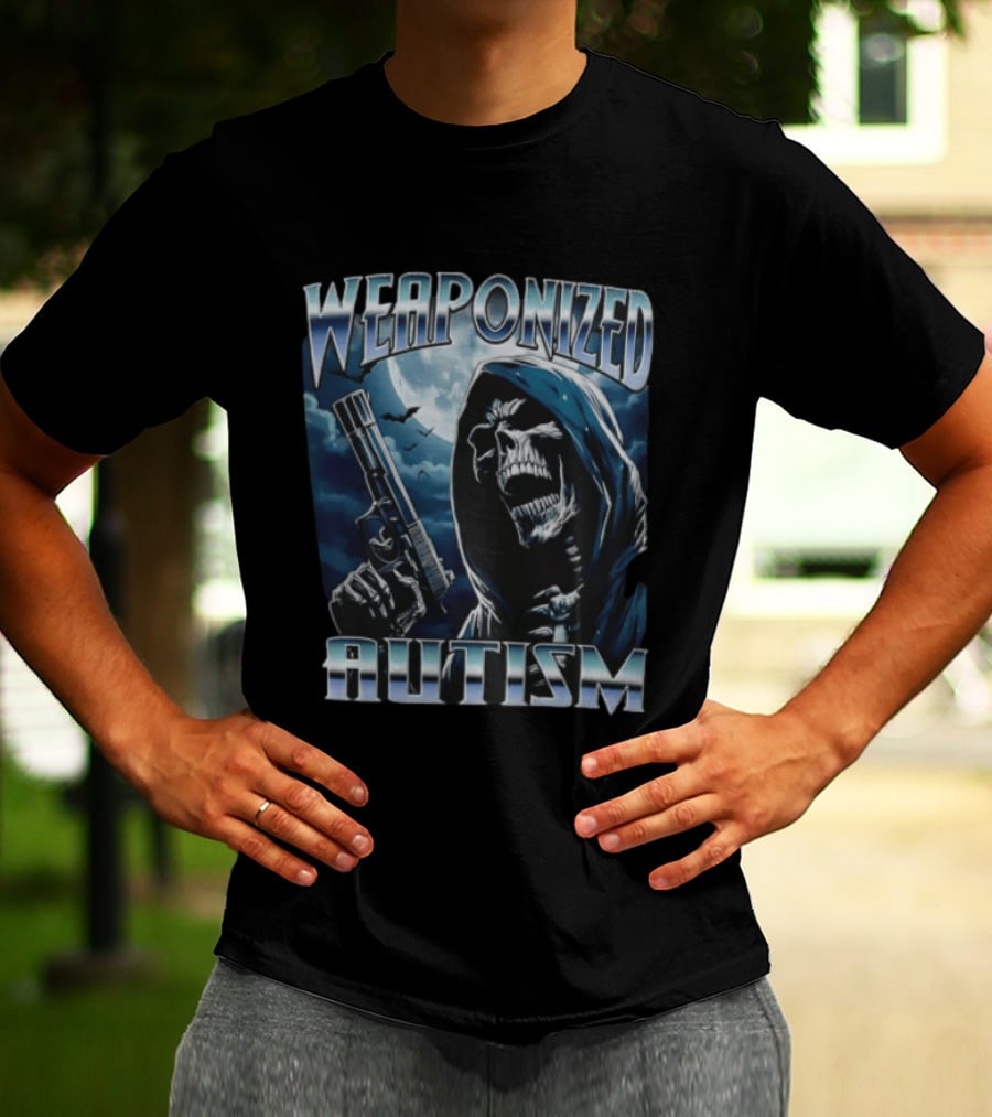 Weaponized Autism Skeleton With Gun Under Moonlight T-Shirt