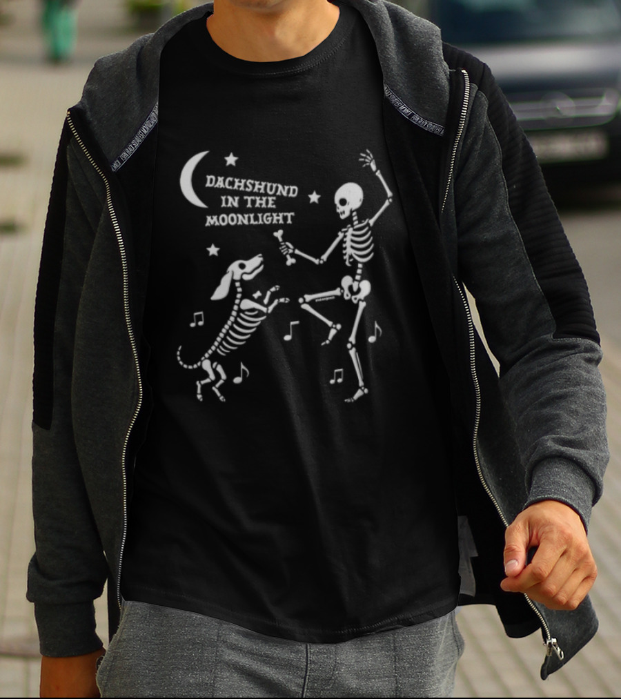 Dachshund In The Moonlight Skeleton Dancing With Dog Music Notes T-Shirt