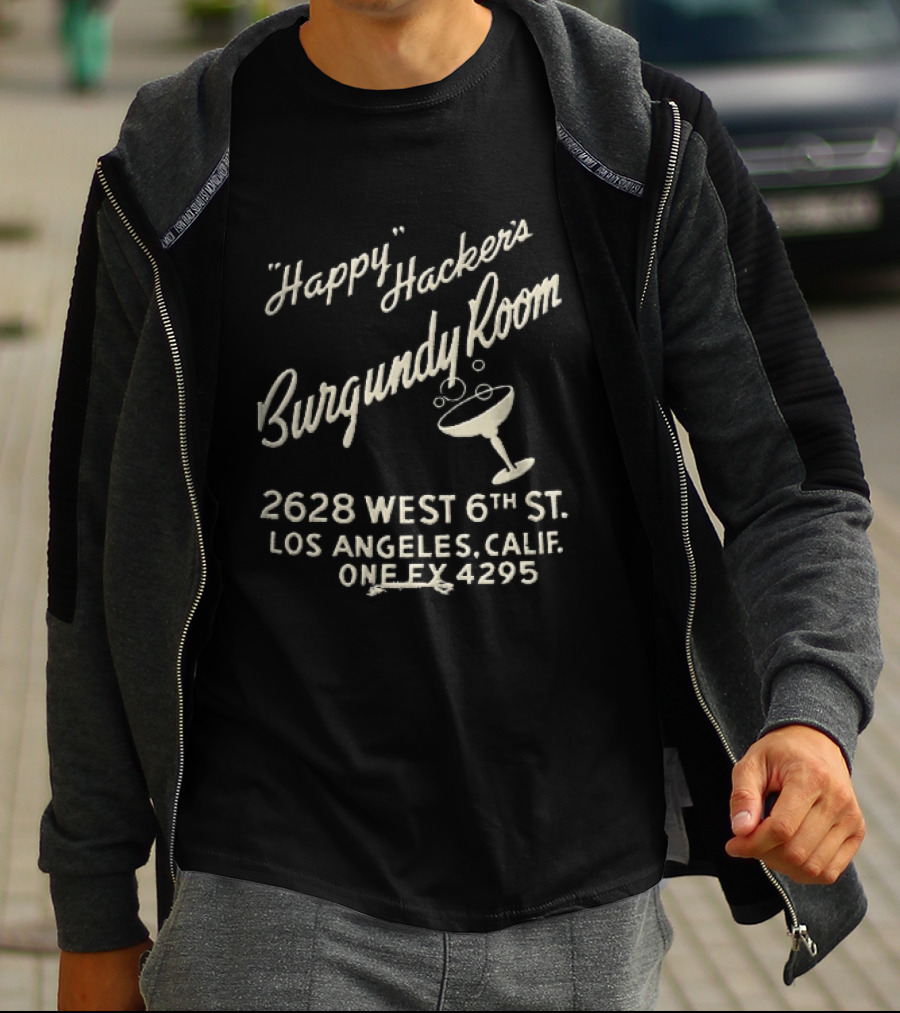 Happy Hackers Burgundy Room 2628 West 6th St Los Angeles Calif Cocktail Glass Bubbles Script T-Shirt