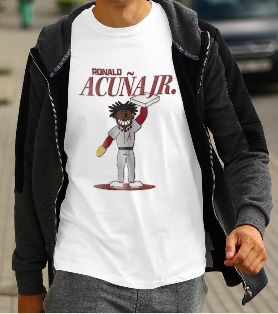 Ronald Acuna Jr Cartoon Caricature Holding Baseball Base Atlanta Braves MLB T-Shirt