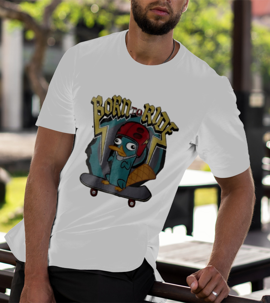Born To Ride Cartoon Platypus Red Helmet Skateboard T-Shirt
