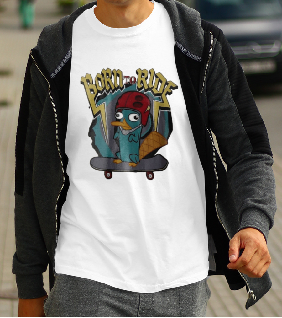 Born To Ride Cartoon Platypus Red Helmet Skateboard T-Shirt