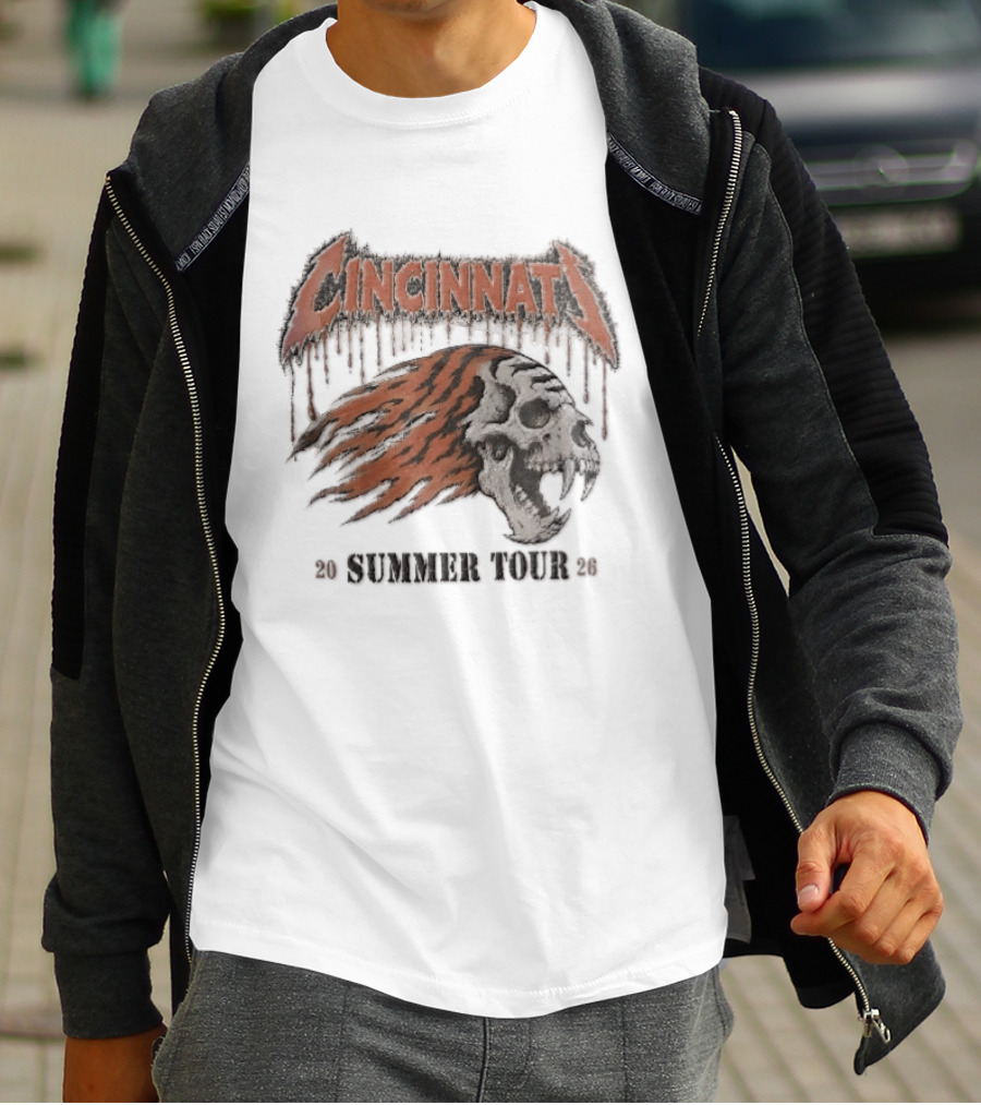 Cincinnati Bengals Tiger Skull Flaming Mane Summer Tour 2026 Distressed T-Shirt