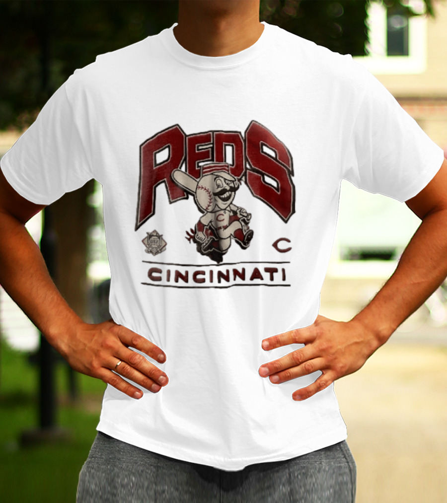 Cincinnati Reds Cartoon Running Bat Mascot Vintage MLB Fan Gear T-Shirt