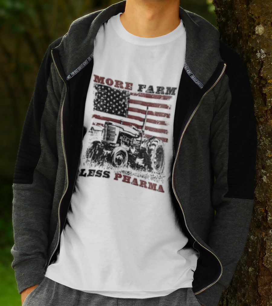 More Farm Less Pharma Distressed American Flag Tractor T-Shirt