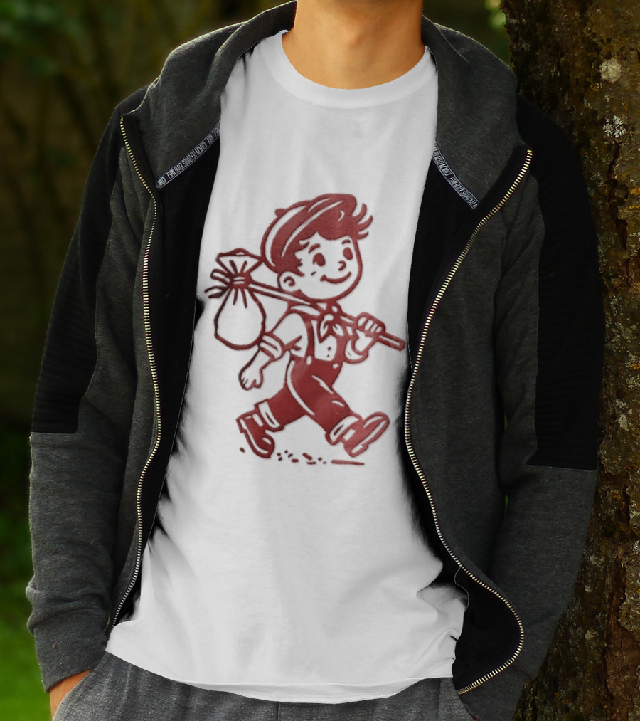 Red Line Cartoon Boy With Bindle Knapsack Stick Drawing T-Shirt