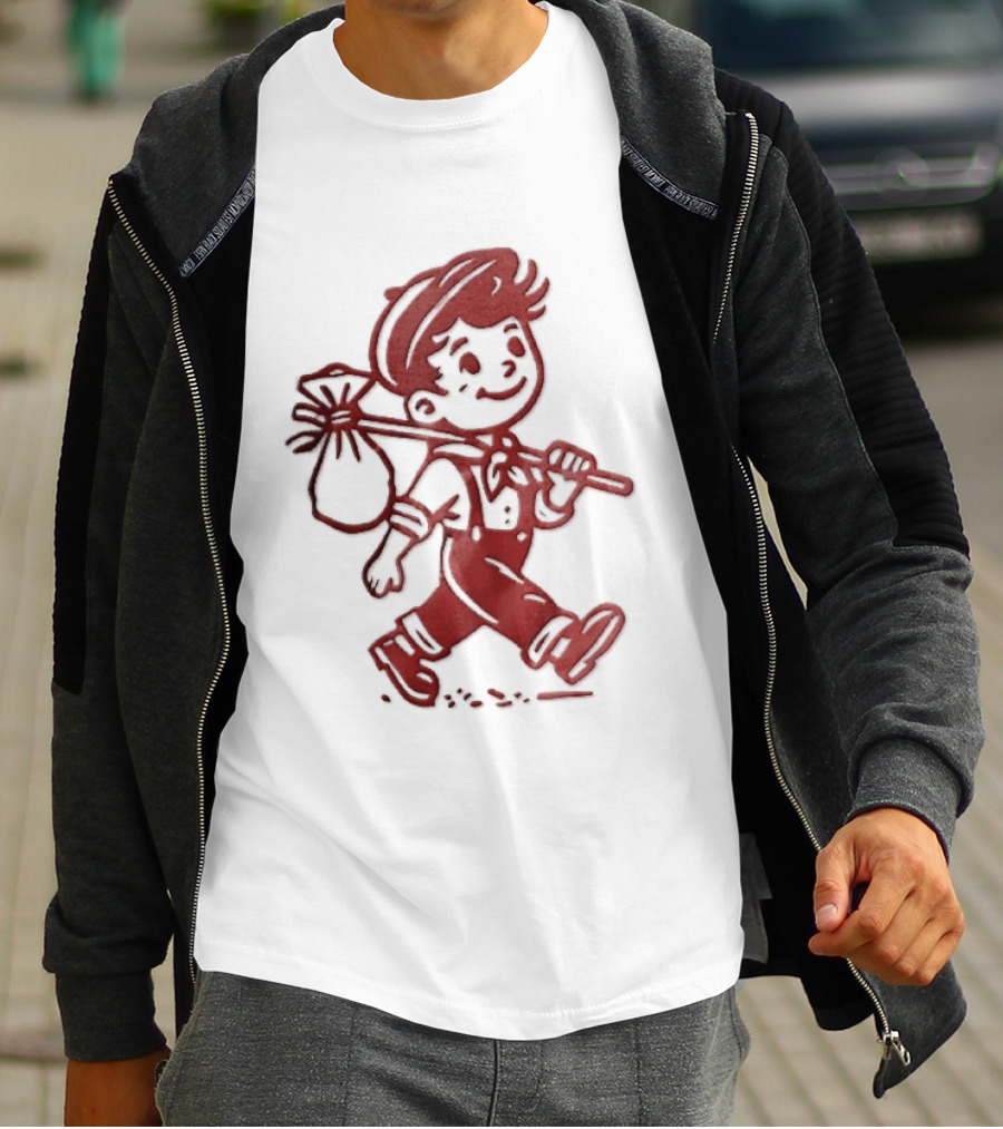 Red Line Cartoon Boy With Bindle Knapsack Stick Drawing T-Shirt