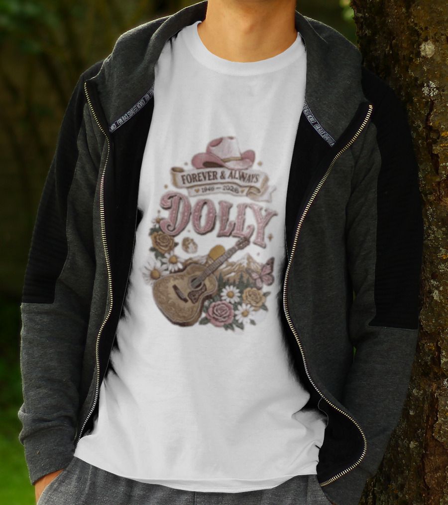 Forever & Always Dolly 1946 2026 Cowboy Hat Guitar Flowers Butterfly T-Shirt