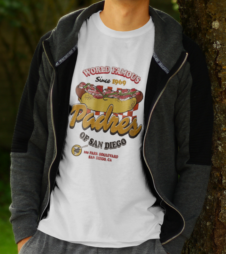 World Famous Padres Of San Diego Since 1969 Halftone Hot Dog 100 Park Boulevard CA T-Shirt