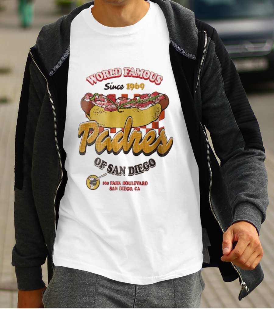 World Famous Padres Of San Diego Since 1969 Halftone Hot Dog 100 Park Boulevard CA T-Shirt