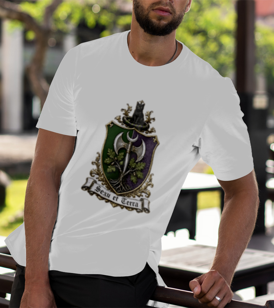 Sexu Et Terra Green Purple Shield Black Cat Axe And Tree Crest T-Shirt