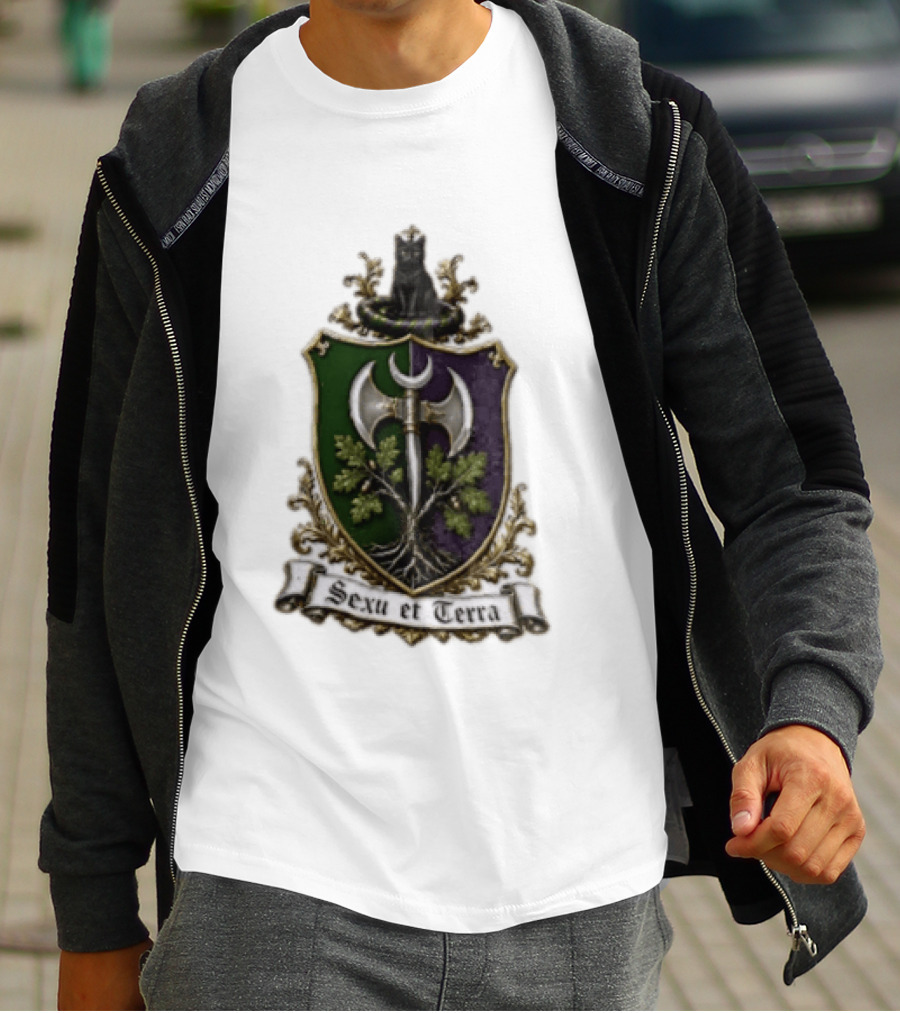 Sexu Et Terra Green Purple Shield Black Cat Axe And Tree Crest T-Shirt