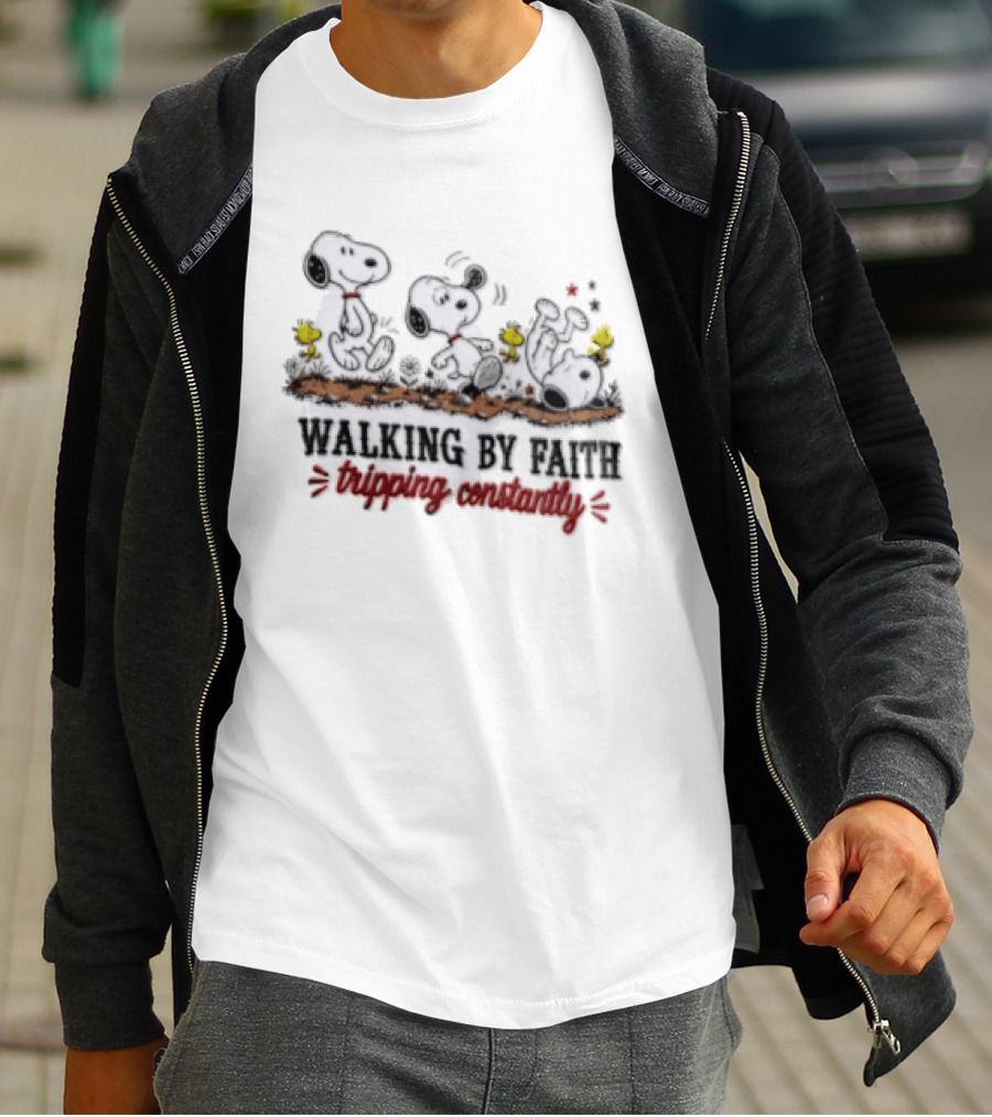 Snoopy Walking By Faith Tripping Constantly With Woodstock Friends T-Shirt
