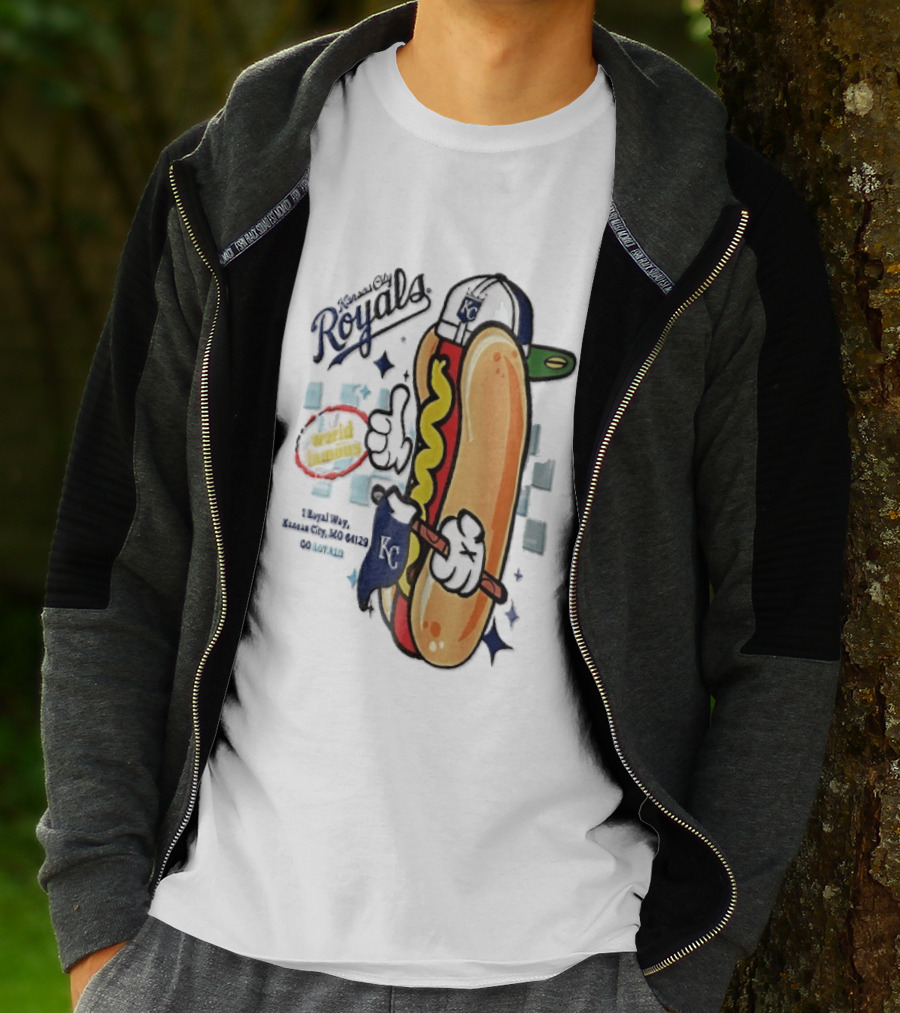 Kansas City Royals World Famous 1 Royal Way Mo 64129 Cartoon Hot Dog KC Cap T-Shirt