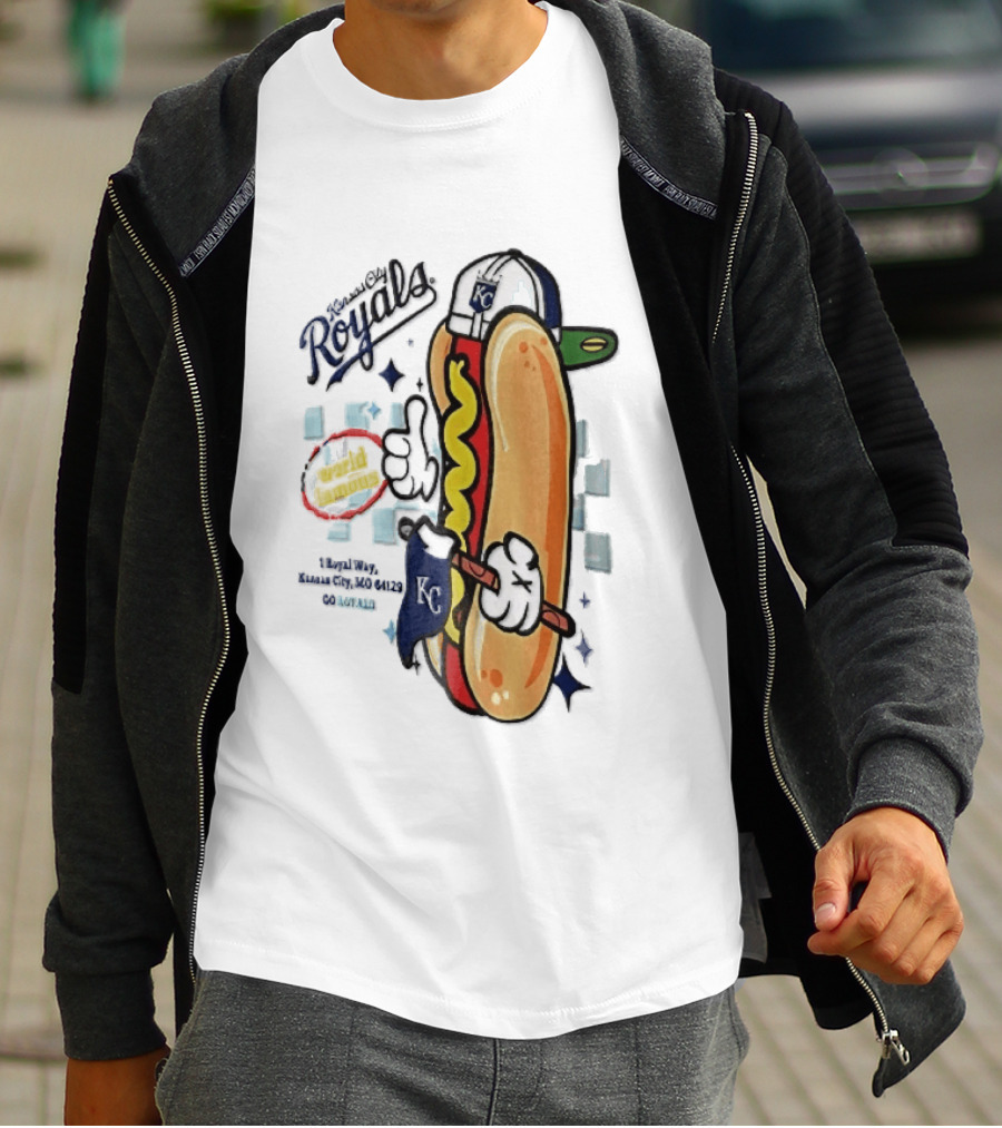 Kansas City Royals World Famous 1 Royal Way Mo 64129 Cartoon Hot Dog KC Cap T-Shirt