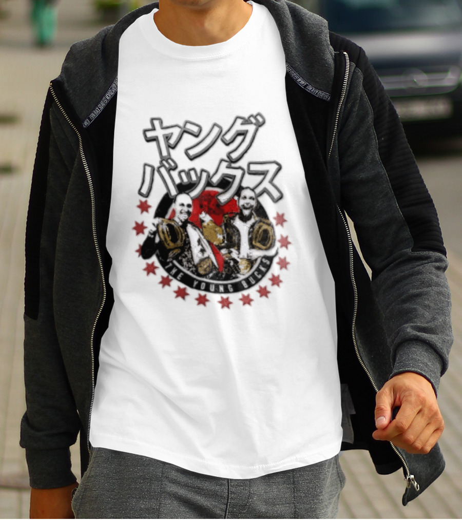 Young Bucks Wrestling Tag Team With Championship Belts And Red Star Circle T-Shirt