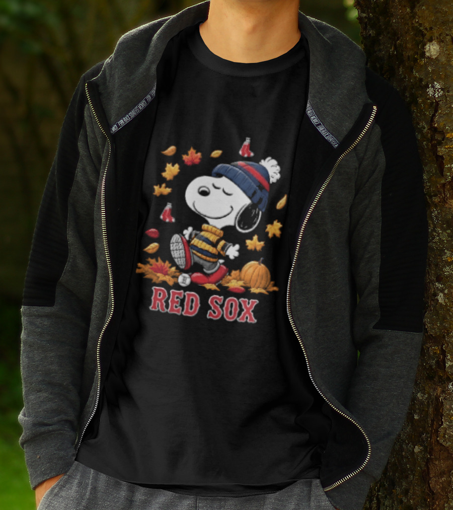 Boston Red Sox Snoopy Walking With Autumn Leaves And Pumpkin T-Shirt