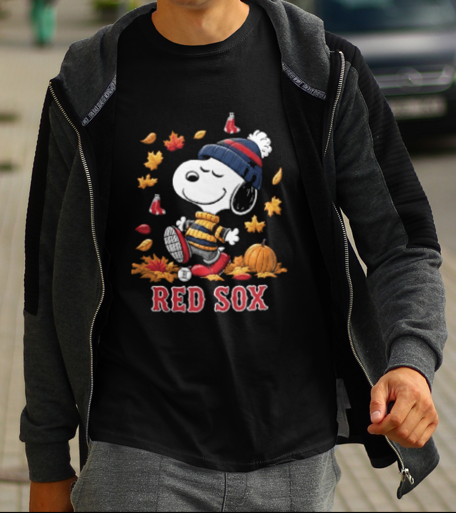 Boston Red Sox Snoopy Walking With Autumn Leaves And Pumpkin T-Shirt