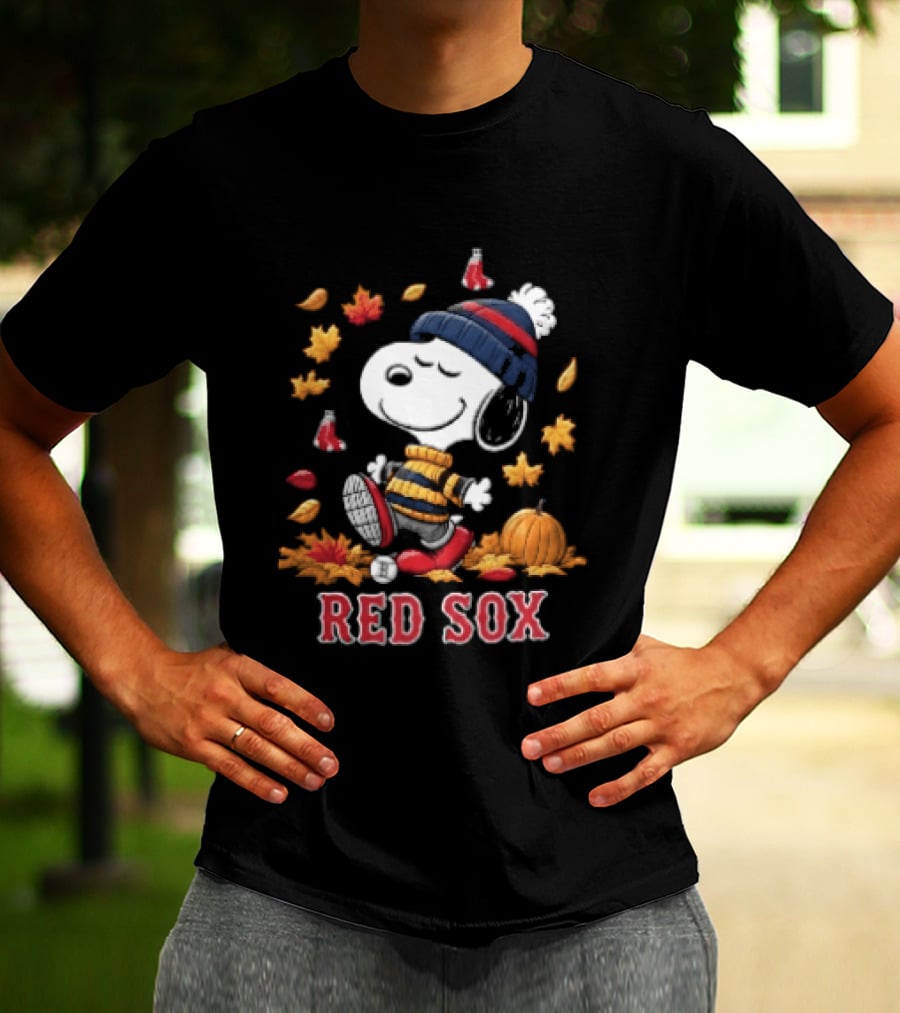 Boston Red Sox Snoopy Walking With Autumn Leaves And Pumpkin T-Shirt