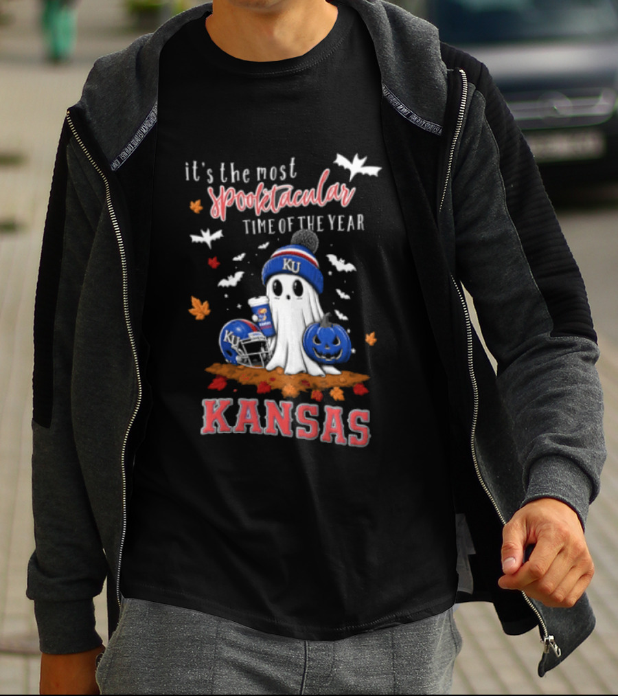 Kansas Jayhawks It's The Most Spooktacular Time Of Year Ghost Beanie Pumpkin T-Shirt