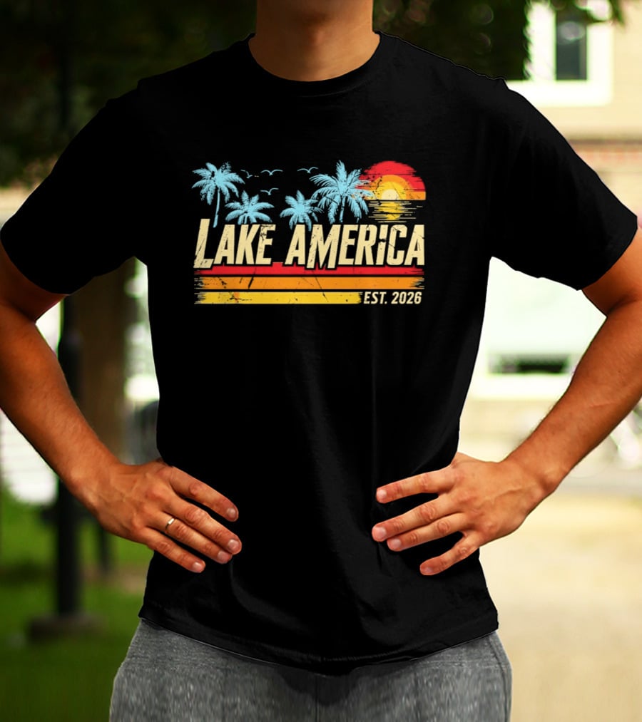 Lake America Est 2026 Tropical Vacation Sunset Palm Trees And Seagulls T-Shirt