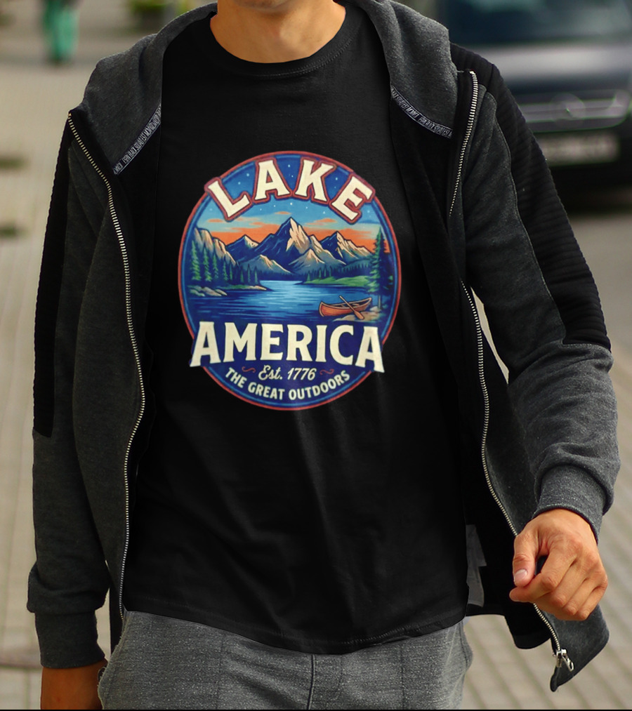 Lake America The Great Outdoors Est. 1776 Mountain Scene Canoe T-Shirt